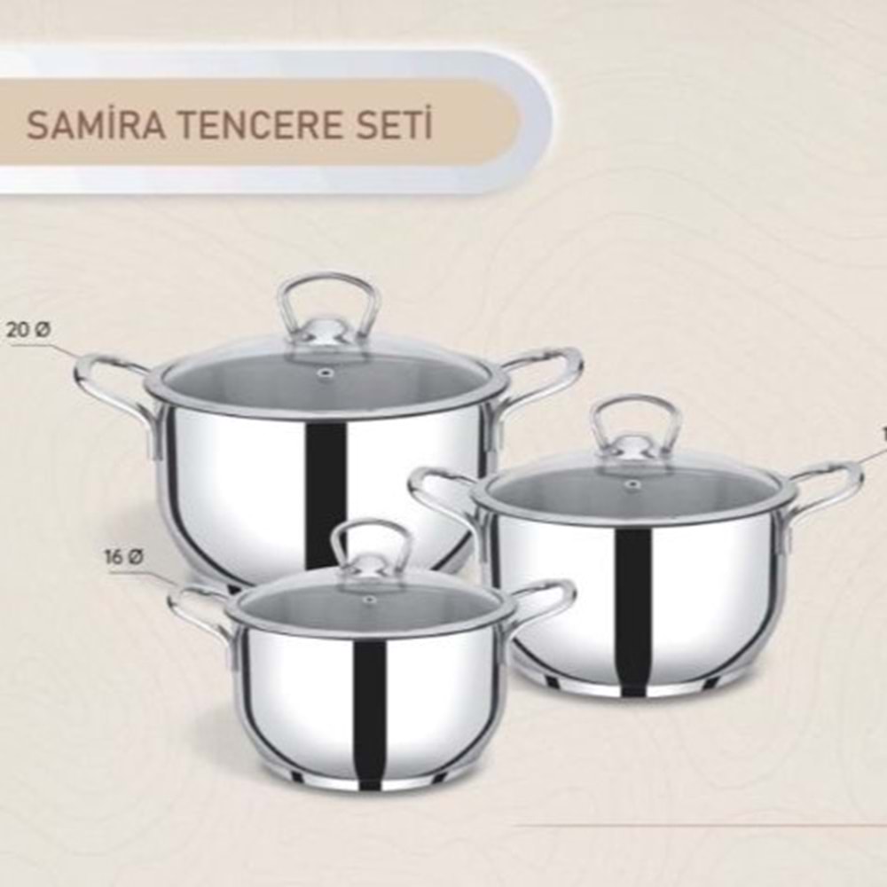 SOLE SAMİRA 16-18-20 CAM KAPAK TENCERE SET
