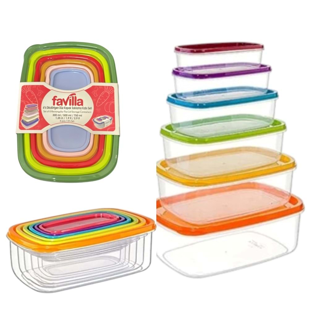 FAVİLLA 6 LI DİKDÖRTGEN DÜZ KAPAK SAKLAMA KABI SETİ 300ML-500ML-750ML-1,25LT-1,9LT-2,9LT 12*