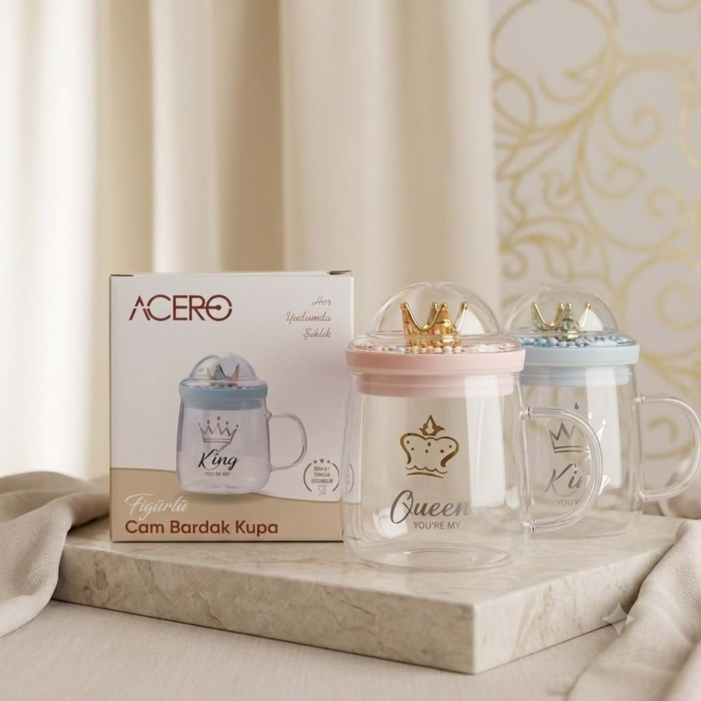 ACERO KİNG - QUEEN FİGÜRLÜ KAPAKLI CAM KUPA 500ML