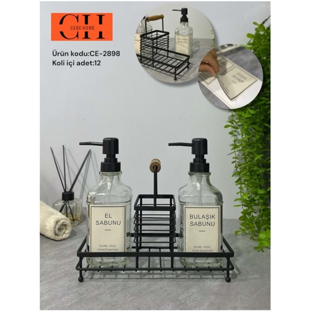 CEBE HOME METAL STANDLI CAM SIVI SABUNLUK 2 Lİ 500ML SİYAH 12*
