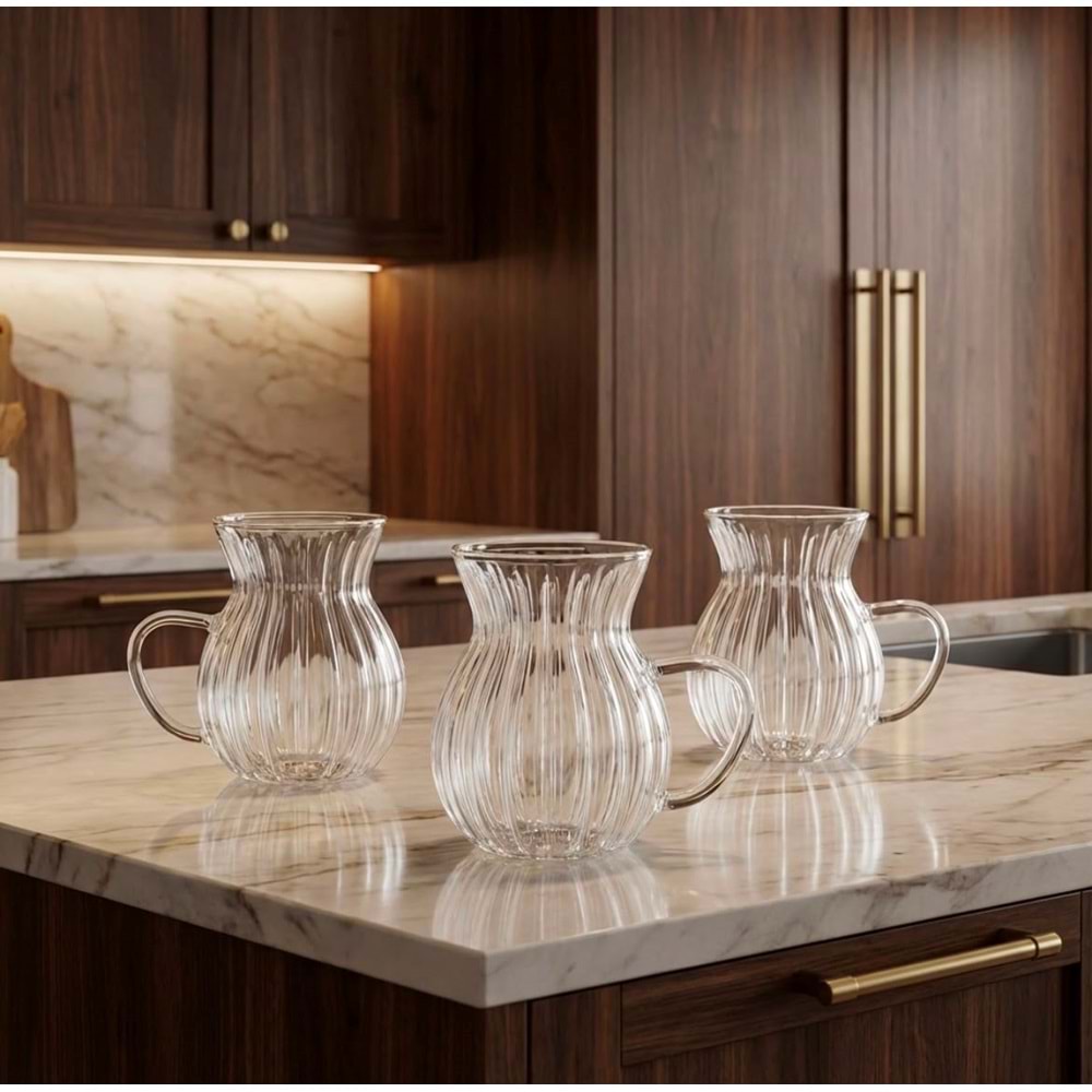 SAVOR 3LÜ KULPLU ÇİZGİLİ MODEL TOMBUL KEYFİ ALA ÇAY BARDAĞI 200ML 48*