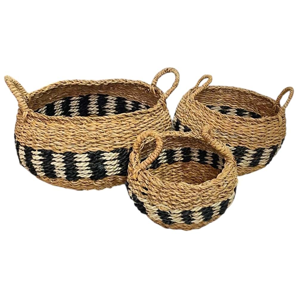 SD 3 LÜ KULPLU OVAL SİYAH DESENLİ HASIR SEPET 31X20 - 26X18 - 22X16 CM