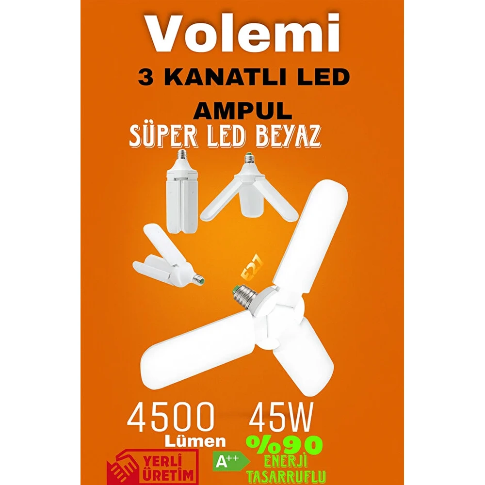 VOLEMİ 3 Kanatlı %90 tasarruflu 45w Ampul 5.000 Lümen Led Aydınlatma Beyaz Işık Led Ampul