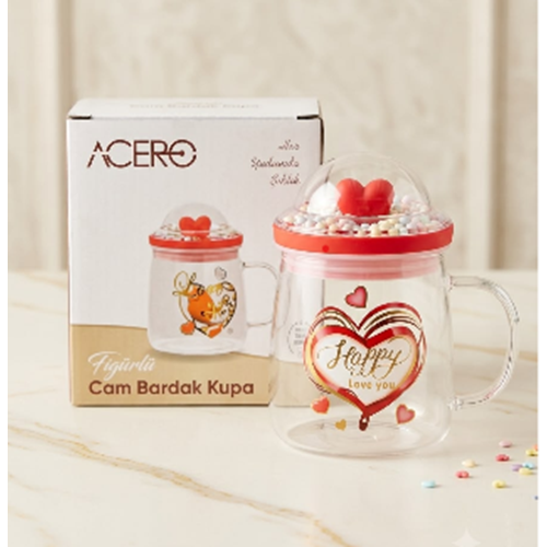 ACERO KALP FİGÜRLÜ KAPAKLI CAM KUPA 500ML