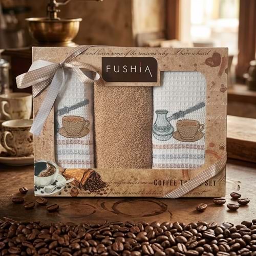 FUSHİA 3LÜ COFFE TOWEL MUTFAK SETİ PEÇETE + HAVLU 40X60 CM
