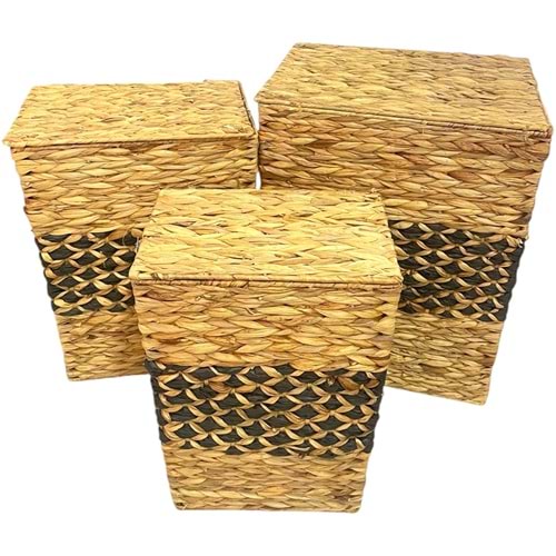 SD 3LÜ HASIR SİYAH NATUREL KAPAKLI ÇAMAŞIR SEPETİ 51X31X41-47X27X37 - 41X21X31CM
