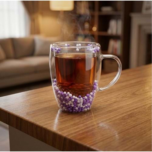 SAVOR ÇİFT CİDARLI MOR -BEYAZ KULPLU BARDAK 350 ML