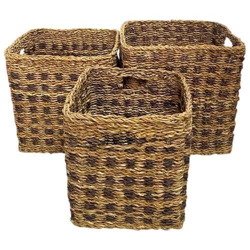 SD 3 LÜ KESİK SAPLI DESENLİ DİKDÖRTGEN HASIR SEPET 35X35X35 - 31X31X31 - 27X27X27 CM