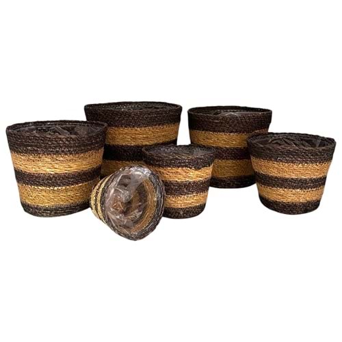 SD 6LI SİYAH DESENLİ POŞETLİ HASIR SAKSI 22X20X17 - 20X18X15 - 18X16X13 - 16X14X11 - 14X12X9 - 12X11X8 CM