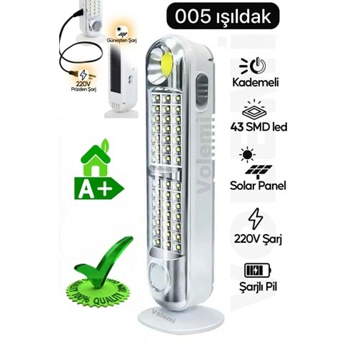 VOLEMİ ÇOK FONKSİYONLU GÜNEŞ ENERJİLİ LED EL FENERİ IŞILDAK *80