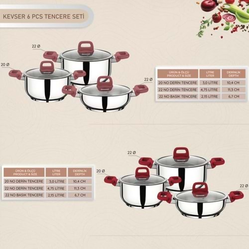 SOLE KEVSER 20-22 DERİN -22 BASIK CAM KAPAK TENCERE SET