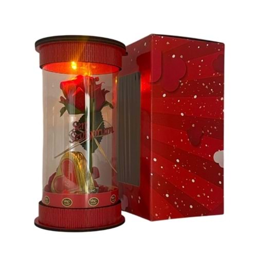 ÇİKOLATALI IŞIKLI GÜL FANUSTA KUTULU HEDİYELİK