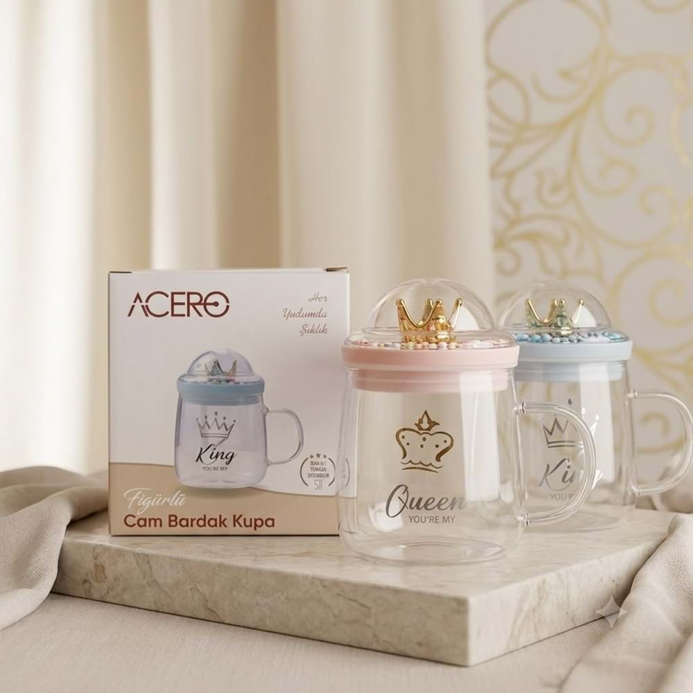ACERO KİNG - QUEEN FİGÜRLÜ KAPAKLI CAM KUPA 500ML