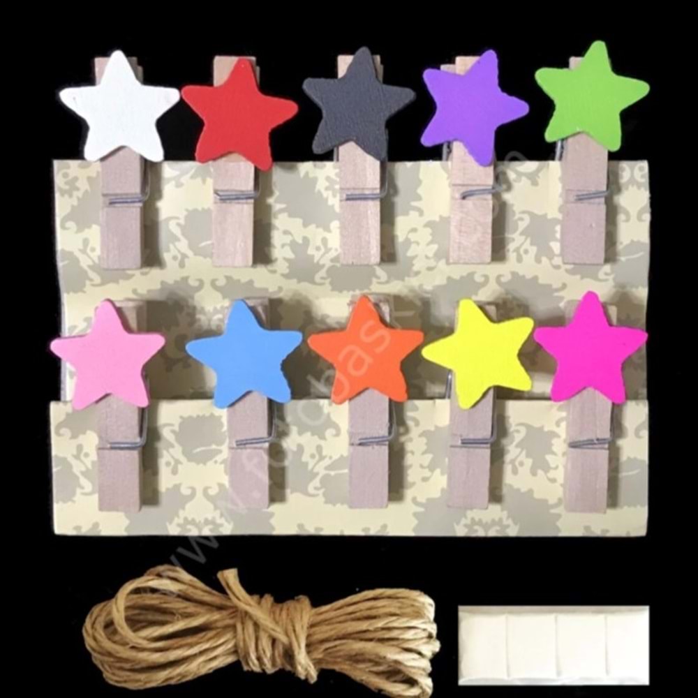 KAPRİS YILDIZLI AHŞAP MANDAL + JUT İP KARTELADA