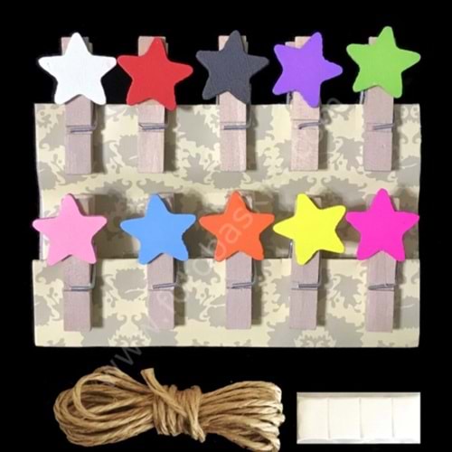 KAPRİS YILDIZLI AHŞAP MANDAL + JUT İP KARTELADA