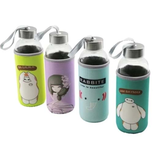 TİRAN CAM MATARA ŞİŞE 300ML RENKLİ KILIF *100