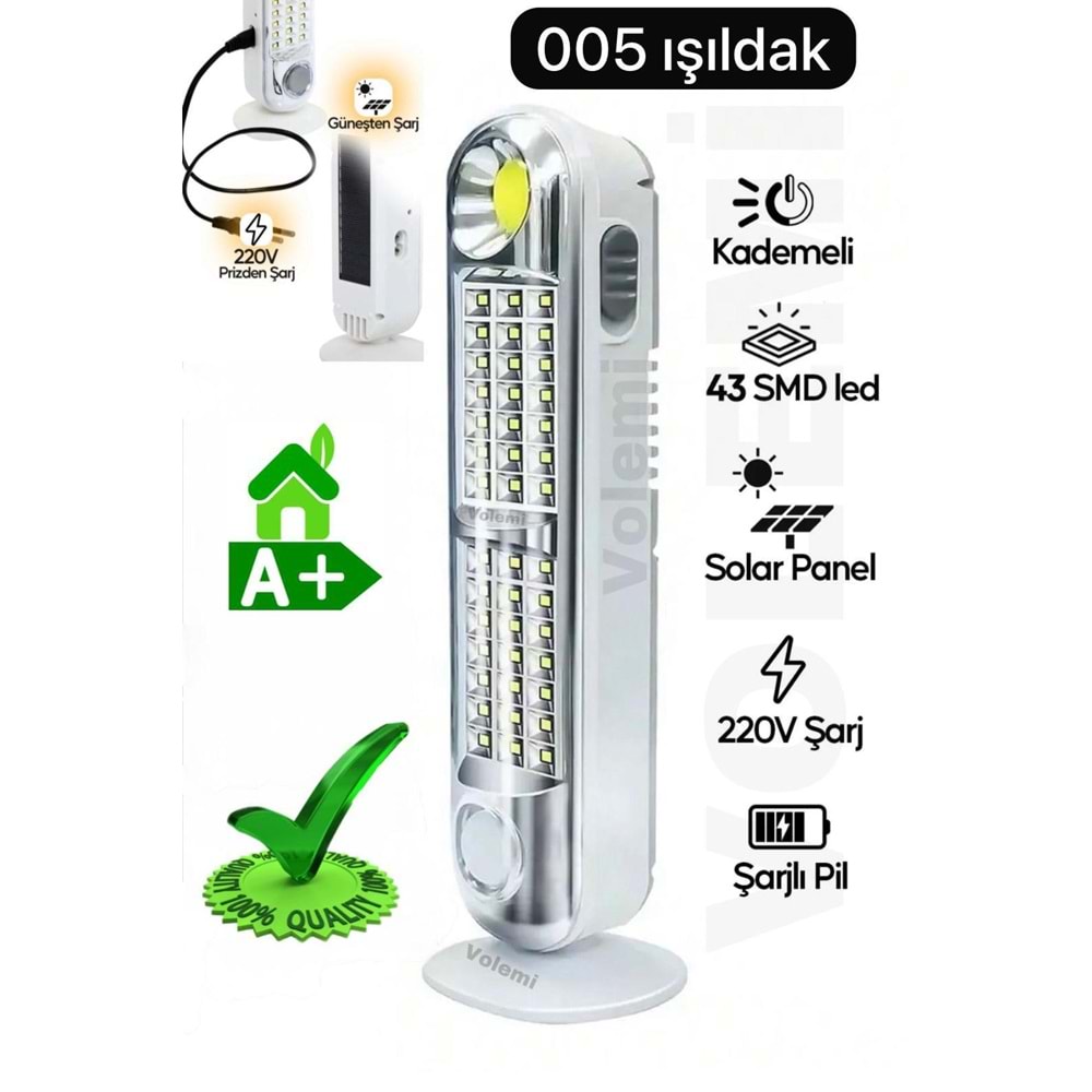 VOLEMİ ÇOK FONKSİYONLU GÜNEŞ ENERJİLİ LED EL FENERİ IŞILDAK *80